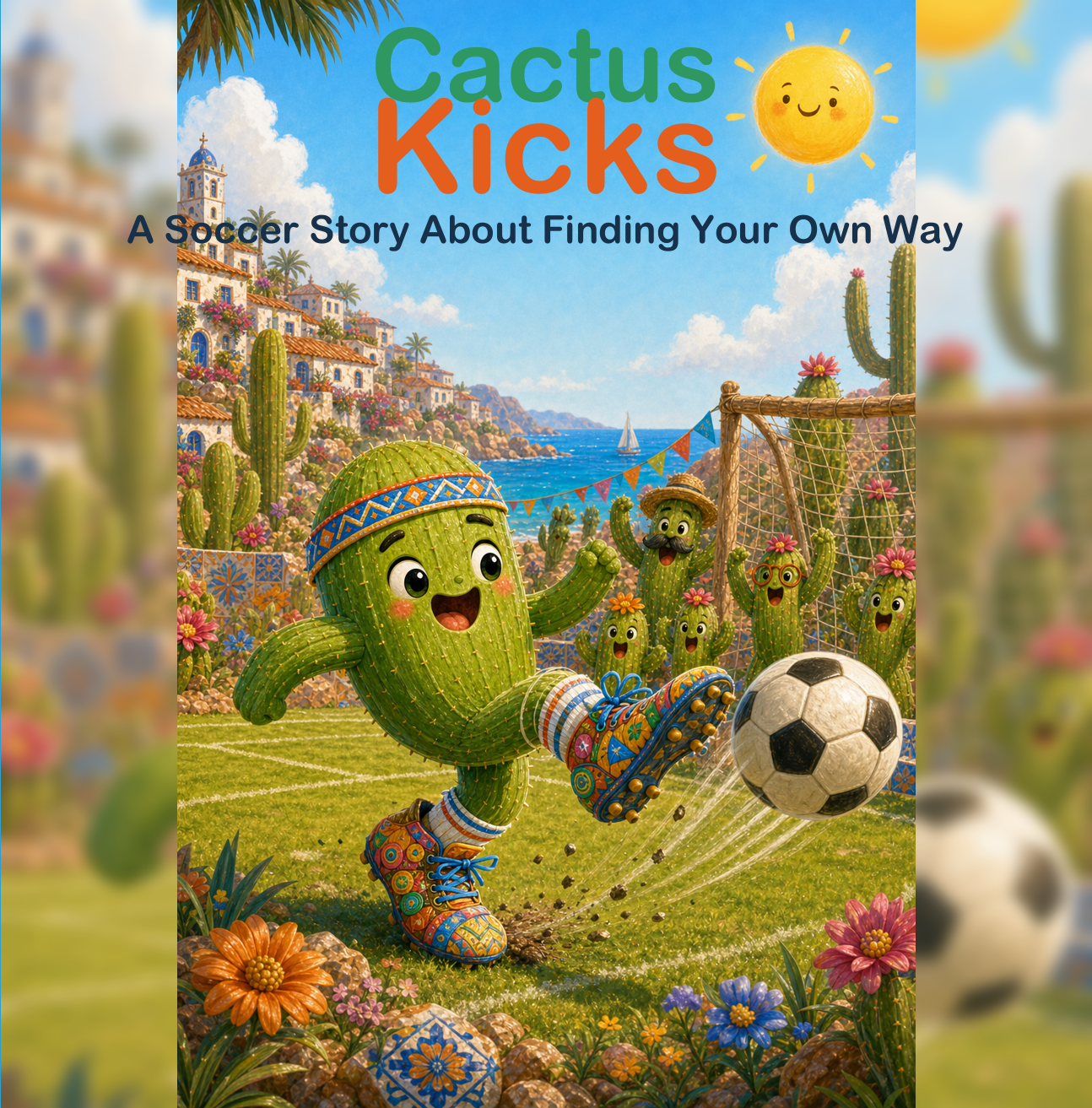Cactus Kicks cover showing Leo the cactus kicking a soccer ball in colorful shoes.
