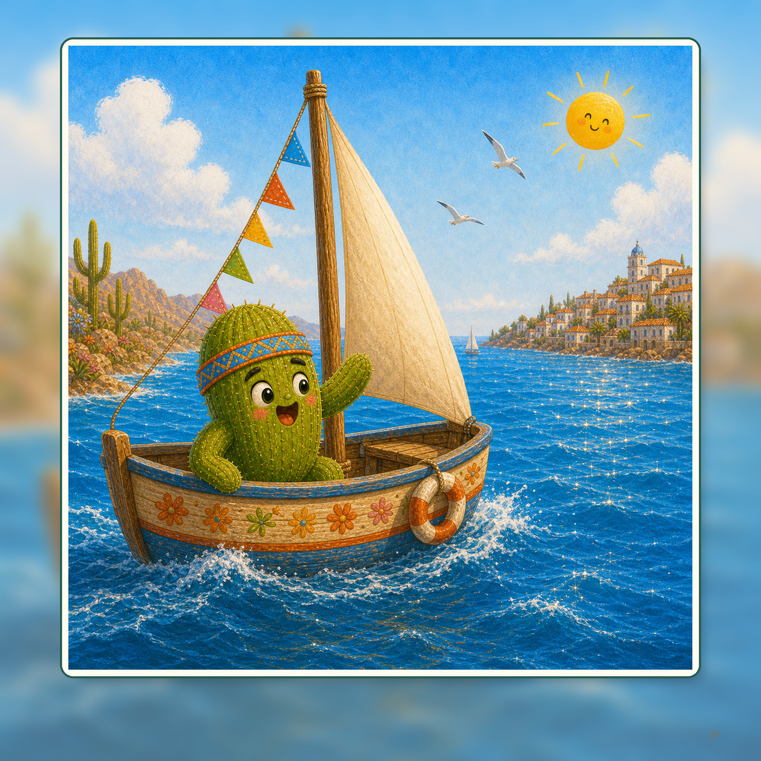 Leo sailing across a bright blue sea.